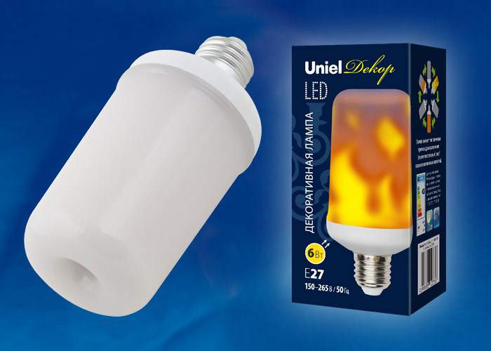 Лампа Uniel LED-L60-6W/FLAME/E27/FR PLD01WH 4000K  эффект пламени UL-00003360