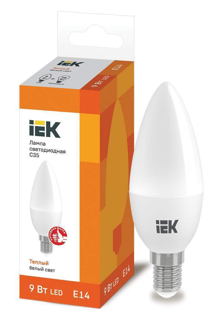 Лампа светодиодная ECO C35 9Вт свеча 3000К  E14  230В IEK LLE-C35-9-230-30-E14