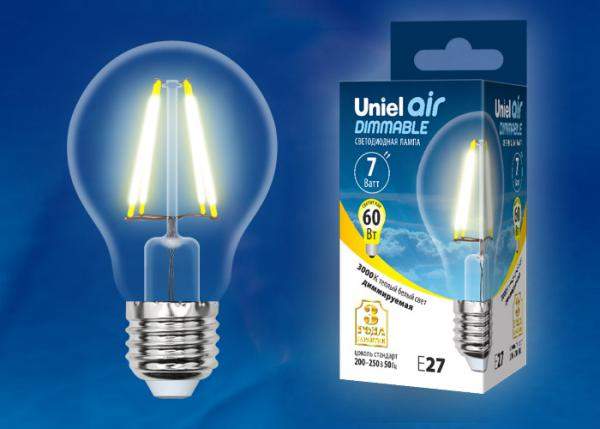 Лампа Uniel Air  LED-A60-7W/WW/E27/CL/DIM  GLA01TR  форма A, прозрачная т.свет UL-00002872