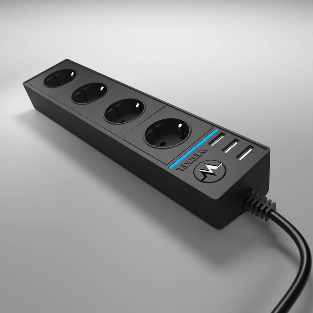 Розеточный блок WL20-04-03 4-х местный+3 USB черный