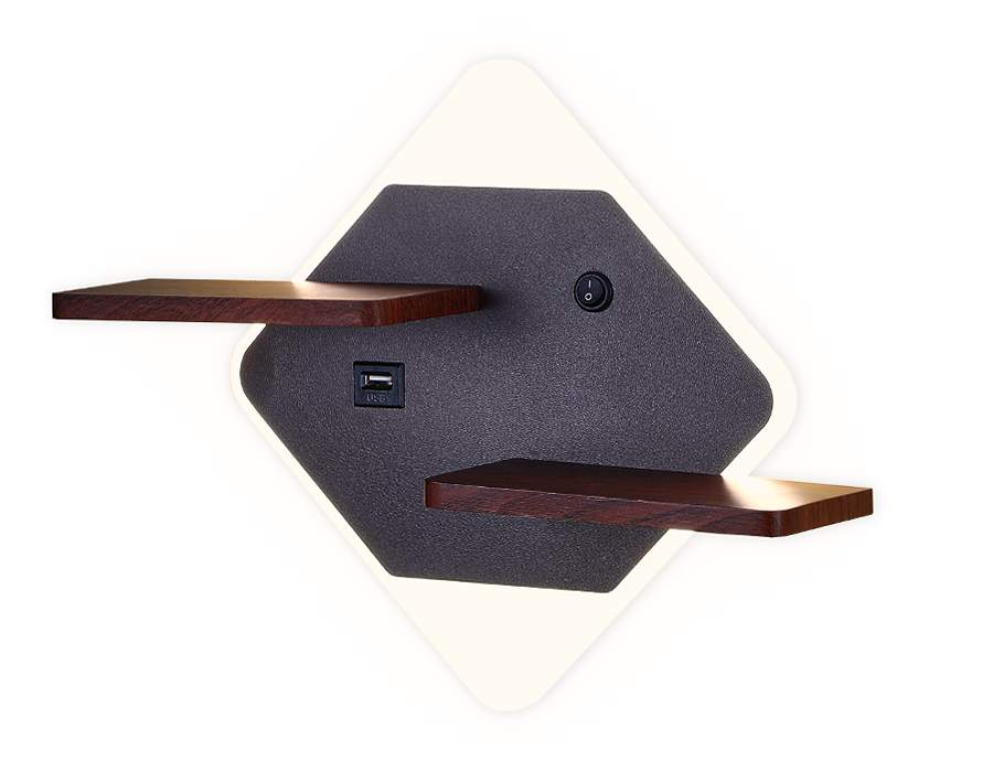 Св-к MAYSUN FW101 CF/WD кофе/дерево 12W 340*250-105 настен.с выкл USB и полкой LED 3000K/4200/6400