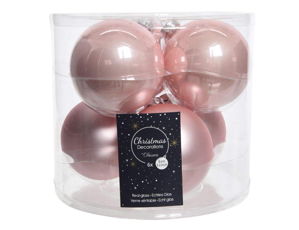 KAEMINGK Набор шаров 80мм/6шт нежно-розовый матов./глянец 167216/140172 (стекло) 