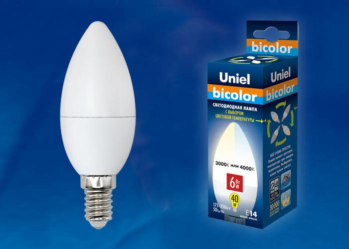 Лампа Uniel Bicolor LED-C37-6W/WW + NW/E14/FR  PLB01WH  UL-00001570
