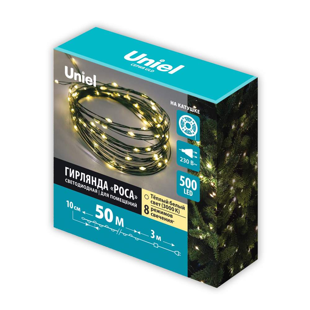 Гирлянда с/д ULD-S5000-500/DGA WARM WHITE  IP20 DEW 50м  теплый белый свет провод зелен. UL-00012086