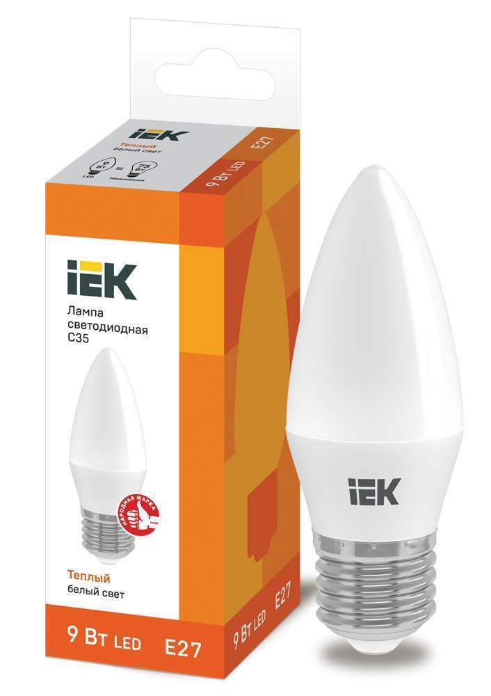 Лампа светодиодная ECO C35 9Вт свеча 3000К  E27  230В IEK LLE-C35-9-230-30-E27