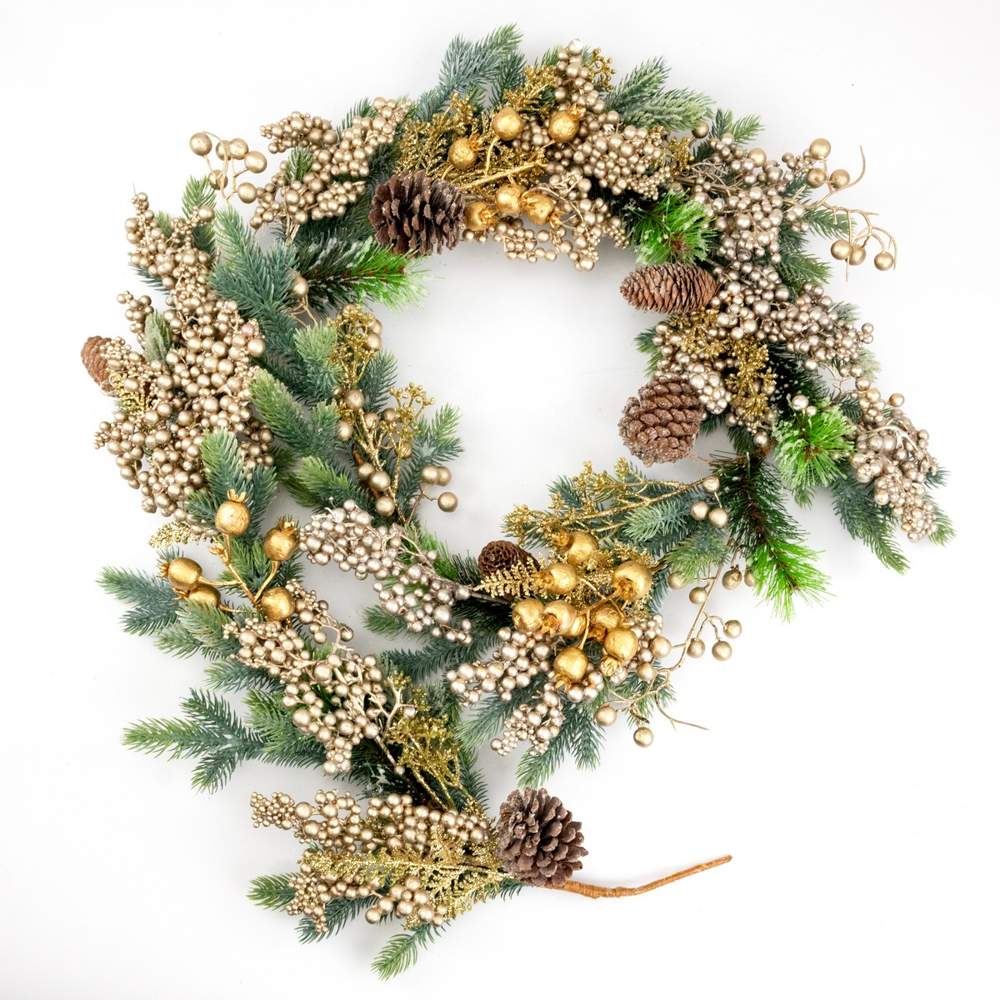 DECOLINE Гирлянда еловая с ягодами и шишками зеленый/шампань 183см HEP682.6G