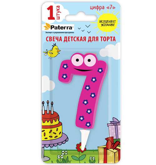 PATERRA Свеча д/торта Детская "Цифра 7" с глазами Фуксия 401-528/257576