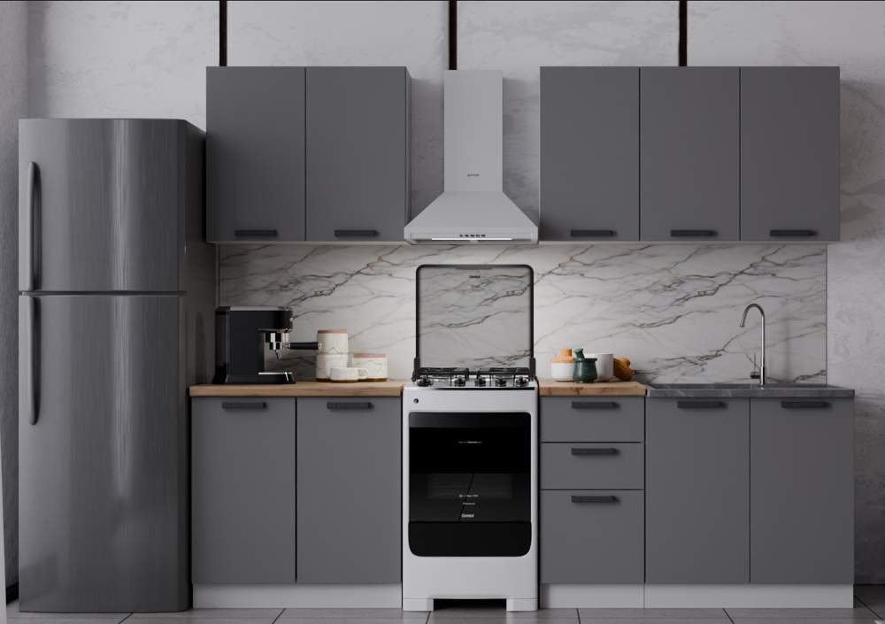 Кухня Фортуна 2.0 Графит+ручка-скоба С 45 черный+стол.26 2000 мрамор.берег