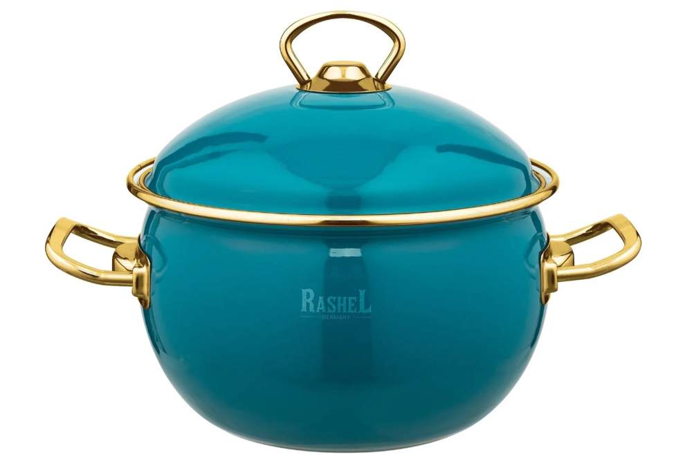 TM RASHEL Premium бирюзовая Кастрюля 3л 18см ручки(золото) металл.крышка 3х-слойная эмаль R1418
