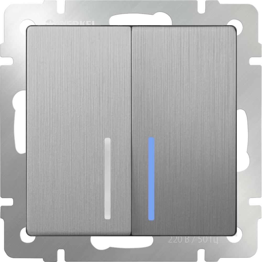 Выкл.  Frame 2-кл. с подсв. проходной серебр. рифленый  WL09-SW-2G-2W-LED