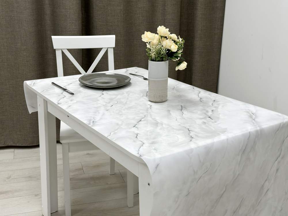 Клеенка ПВХ без основы Transparent Мрамор серый толщина 0,6мм/80см Dasch (20) BRT 136-3/13759