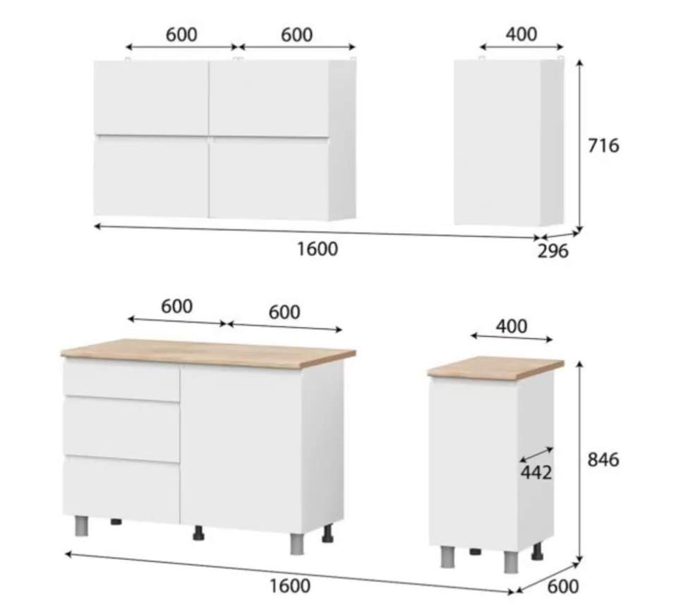Кухня Токио 1,6м Белый текстурный/Дуб Сонома