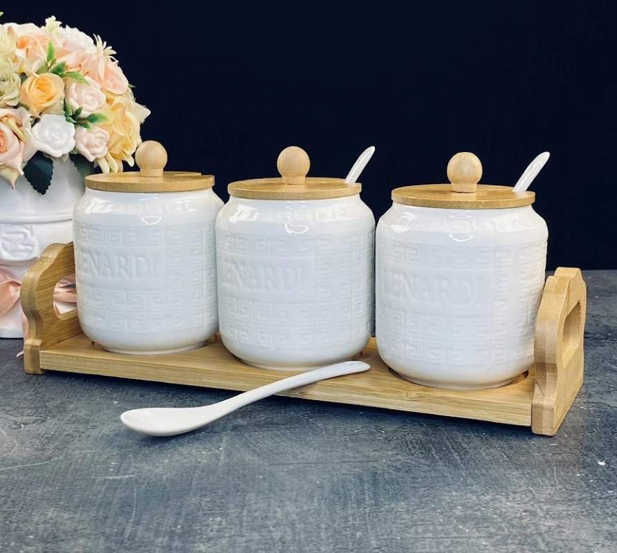 LENARDI Набор банок д/сыпучих 140-119 3штх350мл на подставке фарфор/бамбук