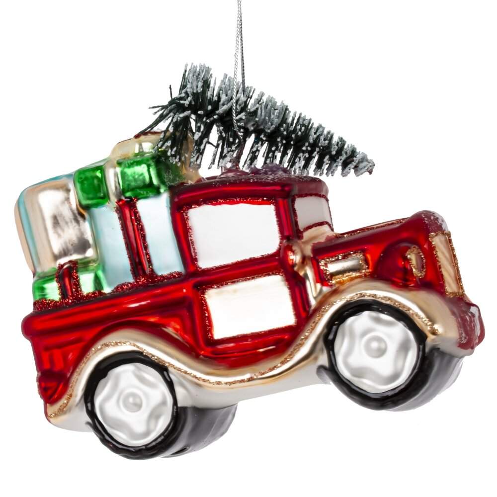 REMECO COLLECTION Игрушка елочная 813826 Машинка с Дедом Морозом 10,5х5х8,5см (стекло)  