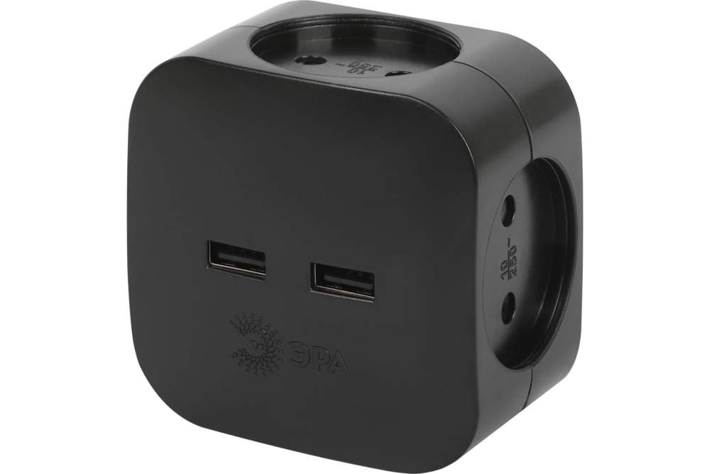 Разветвитель электр. SP-4-USB-B на 4 роз. 220B+2xUSB 2400мА  б/зазем.10А  черн. Эра Б0049536/1699029