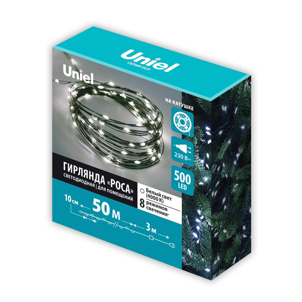 Гирлянда с/д ULD-S5000-500/DGA WHITE  IP20 DEW 50м белый свет провод зелен. UL-00012085