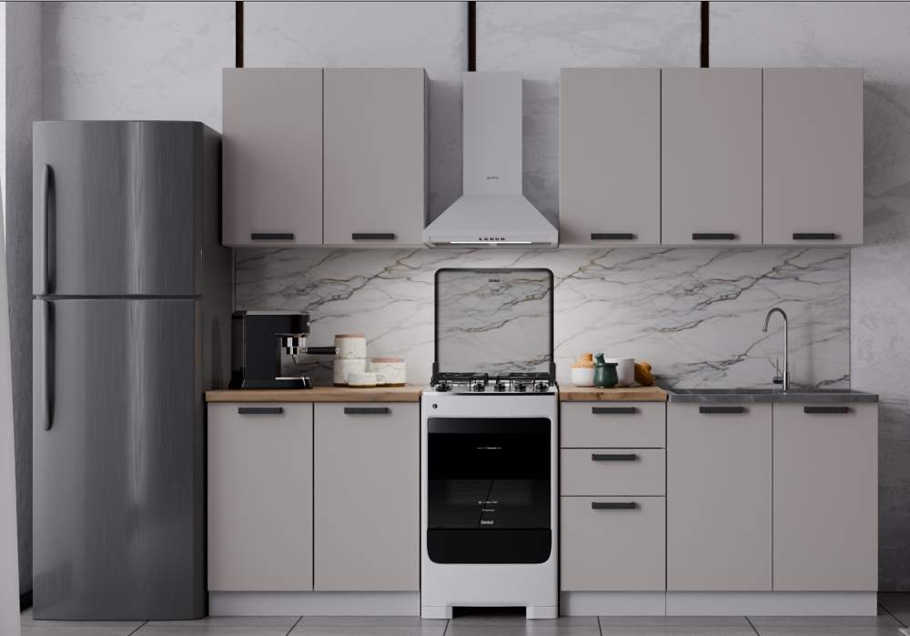 Кухня Фортуна 2.0 Бежевый+ручка-скоба С 45 черн.+ стол.26 2000 Мрам.берег