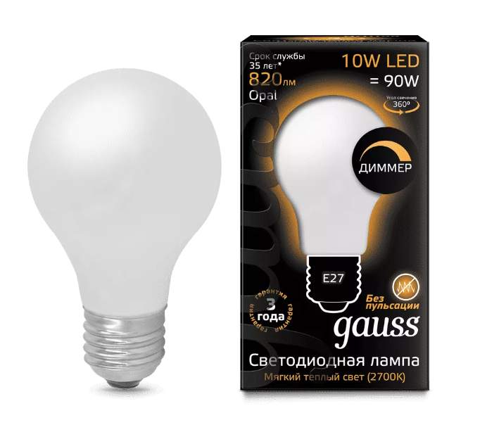 Лампа Gauss LED 10B E27 2700K Filament  Opal  A60 dimmable  102202110-D