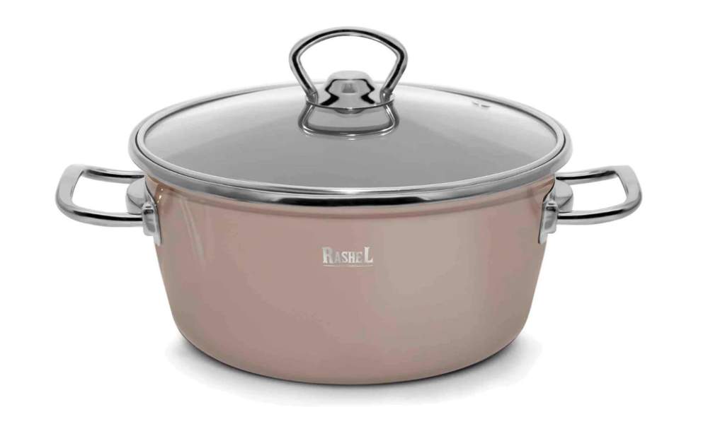 TM RASHEL Grand кремово-розовый Кастрюля 2,1л 18см ручки(серебро) с/кр 3х-слойная эмаль R2018