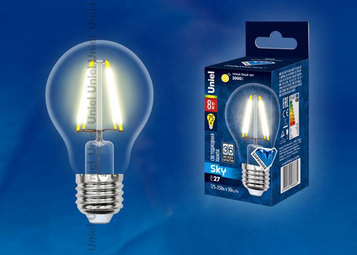 Лампа Uniel Sky LED-A60-8W/WW/E27/CL PLS02WH  UL-00000198