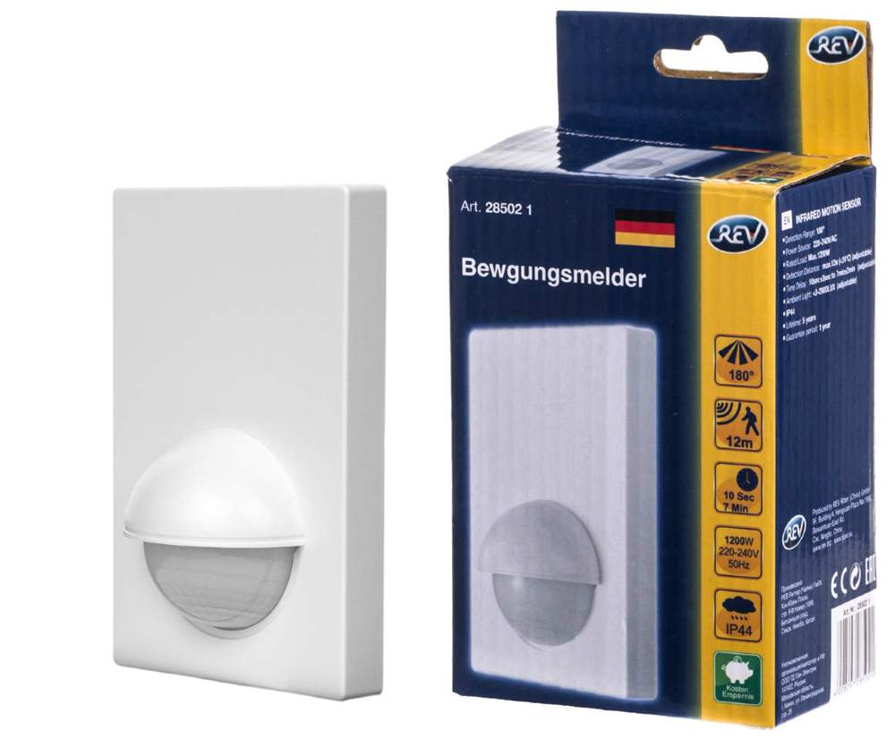 Датчик движения плоский 180гр.1200Вт 12м IP44 бел.REV 28502 1 419578