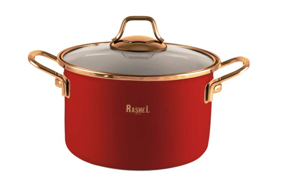 TM RASHEL Gold красный Кастрюля 3л 18см ручки (золото) с/кр 3х-слойная эмаль R-05518