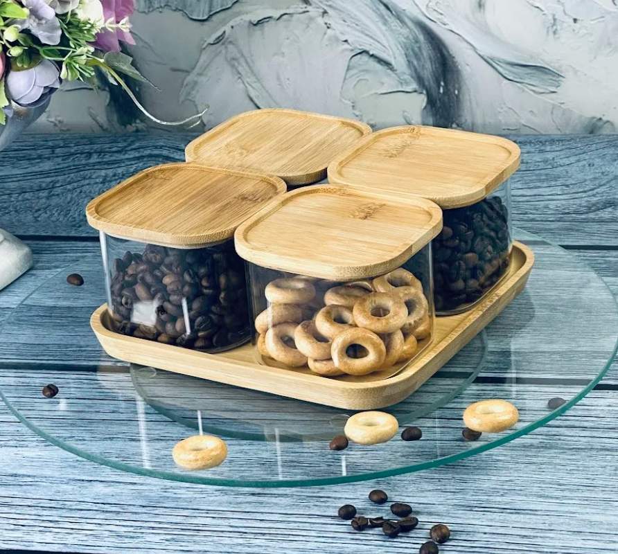 LENARDI Набор банок д/сыпучих 160-236 4шт на подставке стекло/бамбук