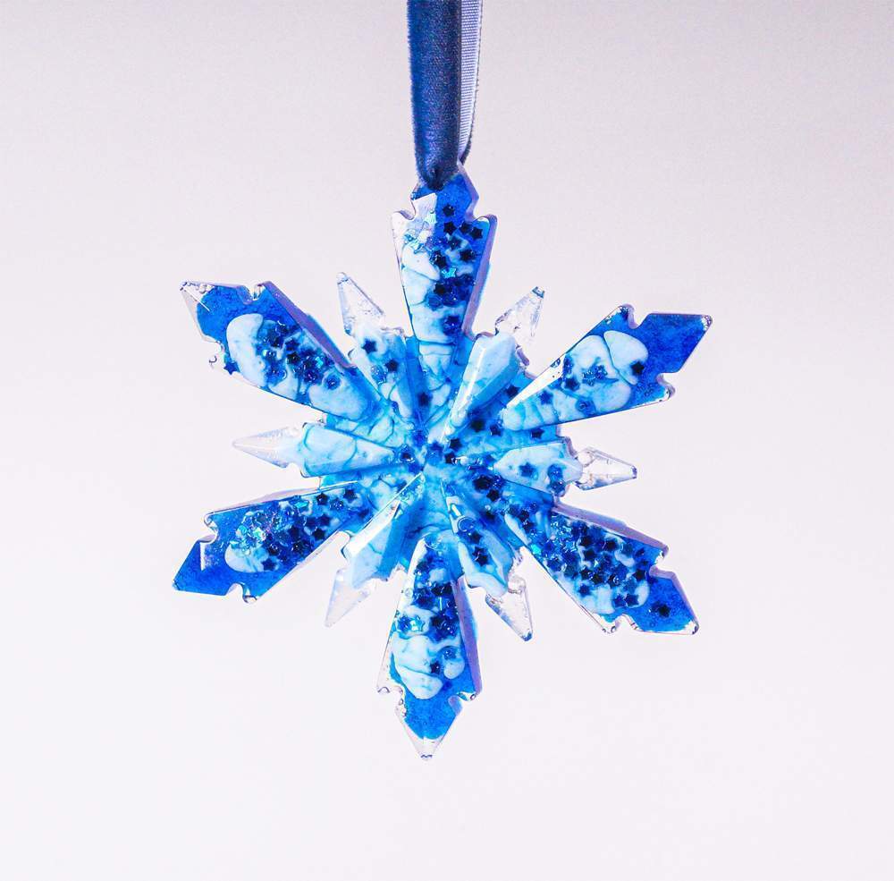 Украшение новогоднее СНЕЖИНКА 6 лучиков синяя с синими блестками 11см