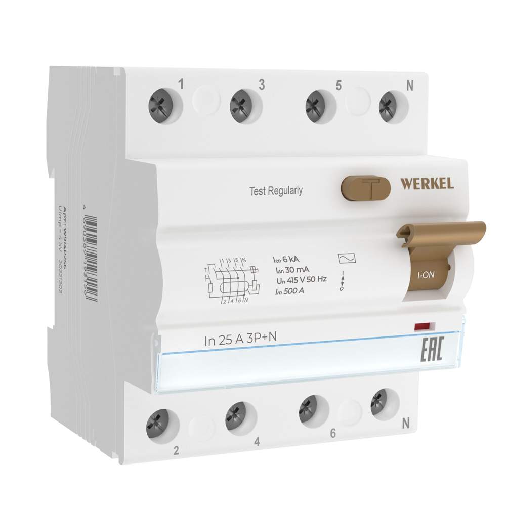 Уст-во защитного отключения  Werkel  3P+N  25 A 30ma AC 6 kA   W914P256/а062564