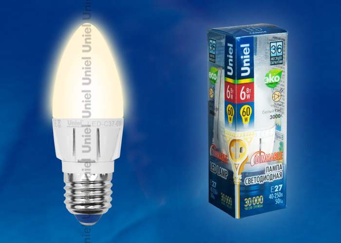 Лампа Uniel DIM LED-C37-6W/NW/E27/FR ALP01WH
