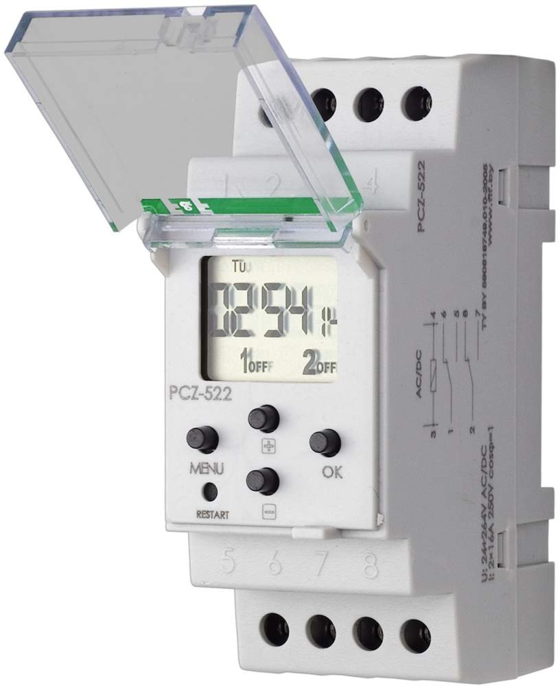 Реле времени PCZ-522  2кан  24-264B AC/DC 2х16A 2п/к. IP20 на DIN-рейке EA02.002.002  253901