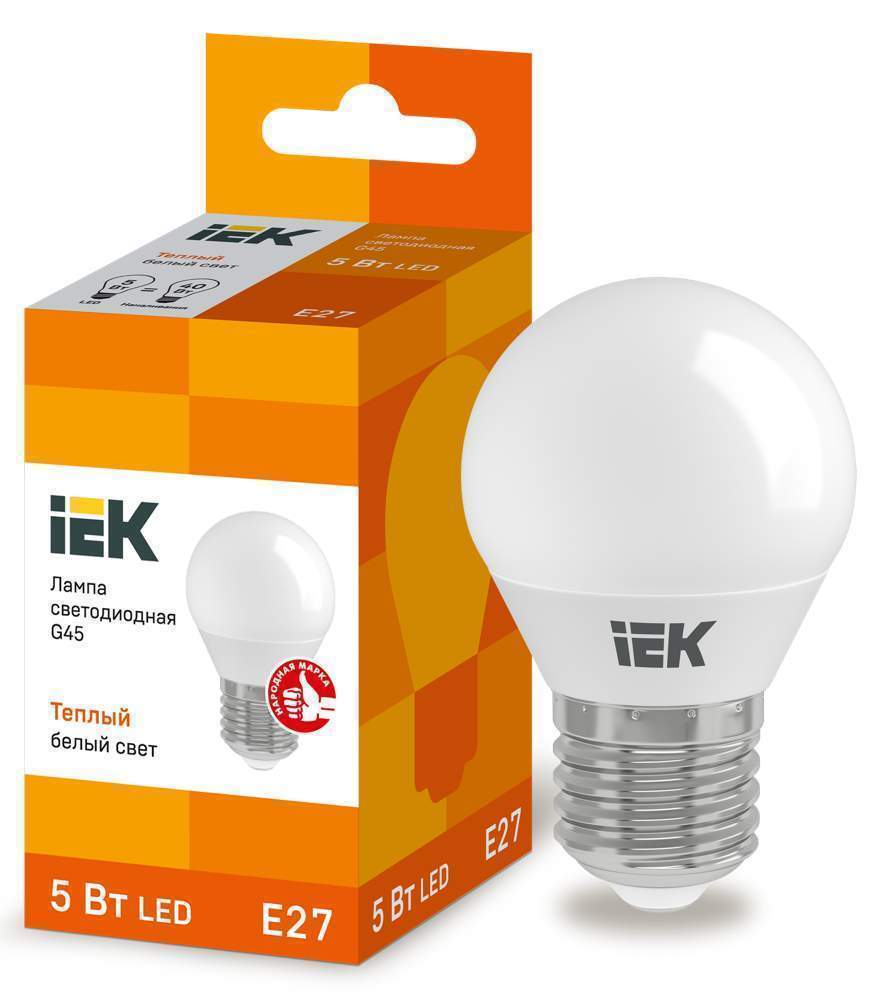 Лампа светодиодная ECO G45 5Вт шар 3000К тепл.бел. E27 450лм 230-240В IEK LLE-G45-5-230-30-E27