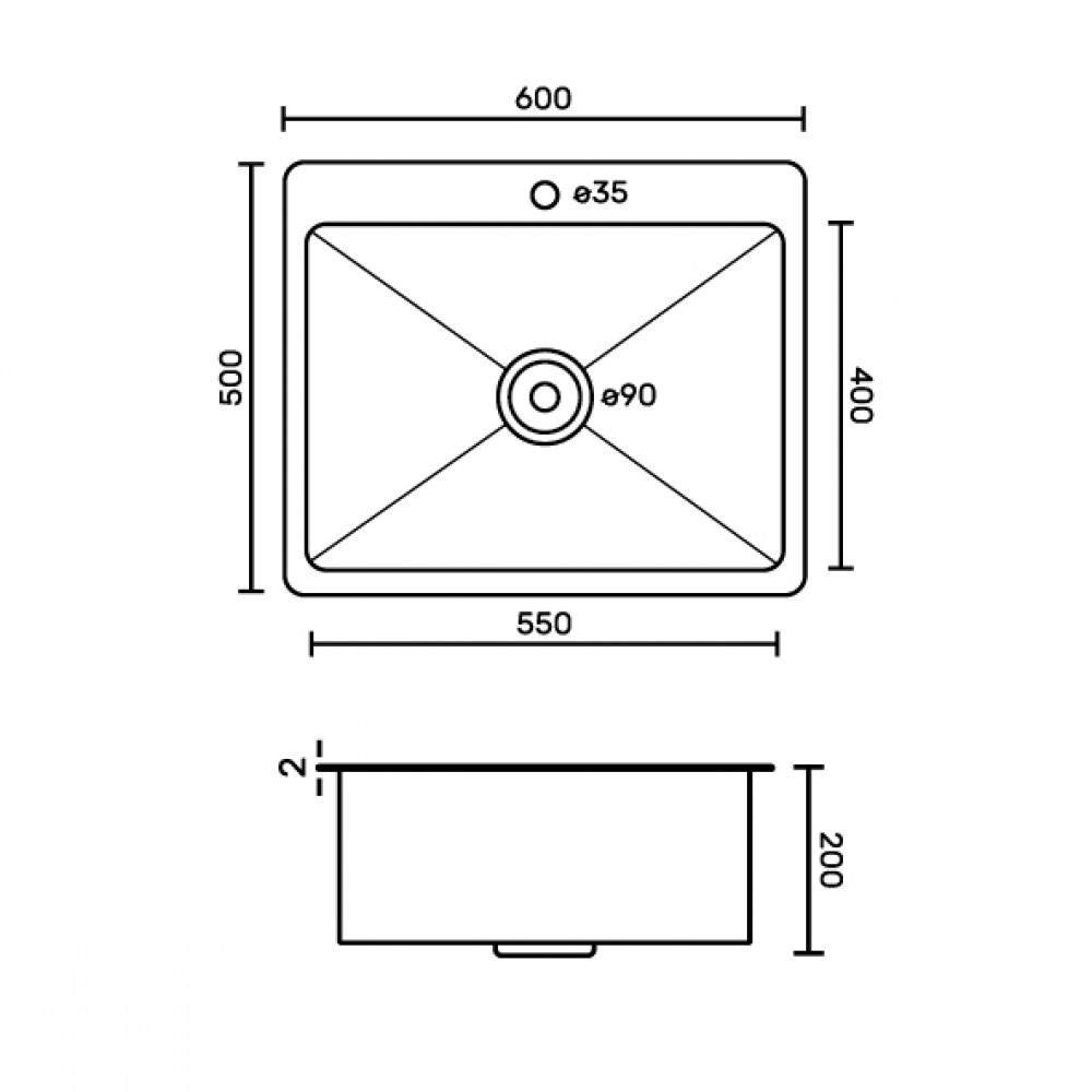 Мойка GFfrank врезная 60х50cм графит, тол.2,0х0,6мм , гл.200мм+бол.сифон  60502G