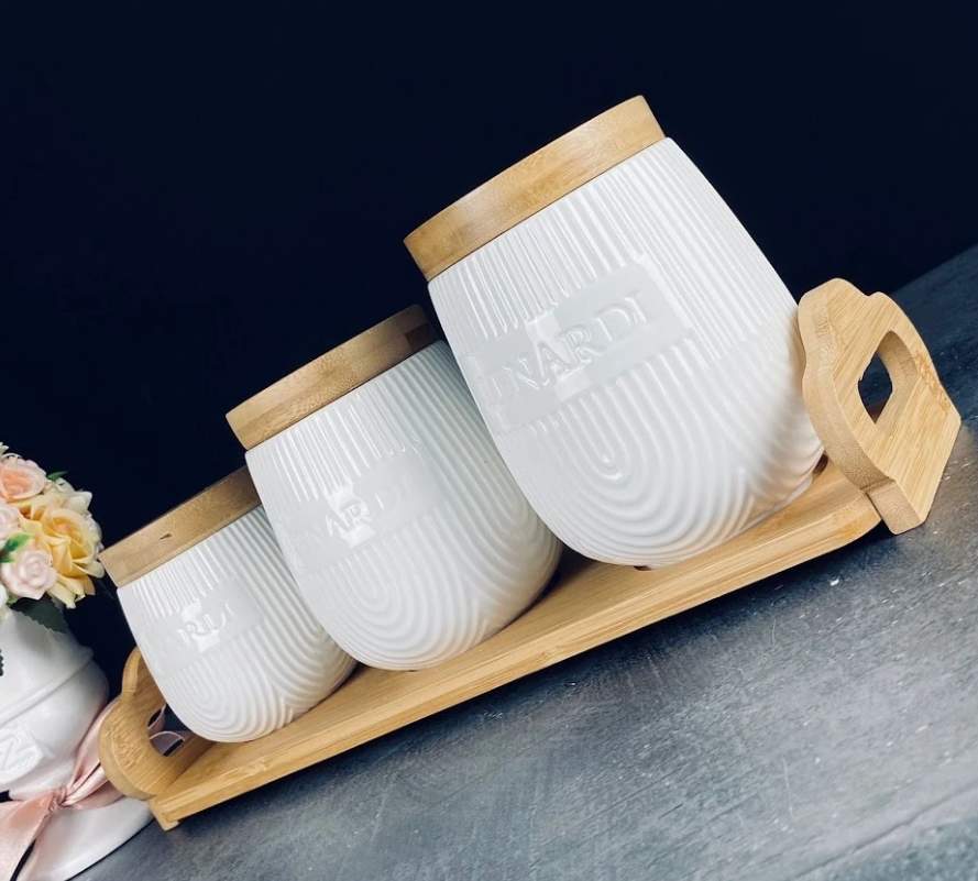 LENARDI Набор банок д/сыпучих 140-074 3шт 320/600/1000мл на подставке фарфор/бамбук