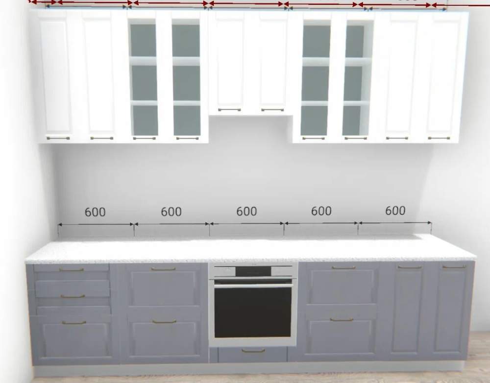 Кухня Гарда 3,0м Белый эмалит/серый эмалит/серый+столеш.38 3000 Дуб Вотан