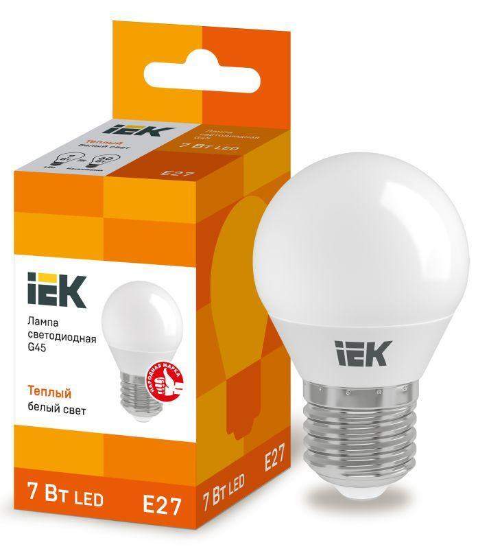 Лампа светодиодная ECO G45 7Вт шар 3000К тепл.бел. E27 630лм 230-240В IEK LLE-G45-7-230-30-E27
