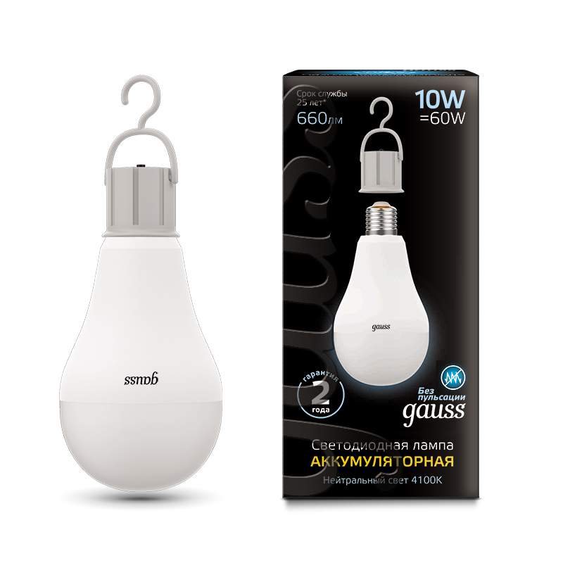 Лампа Gauss LED A60 10W E27 660lm 4100K с li-lon аккум. 102402200