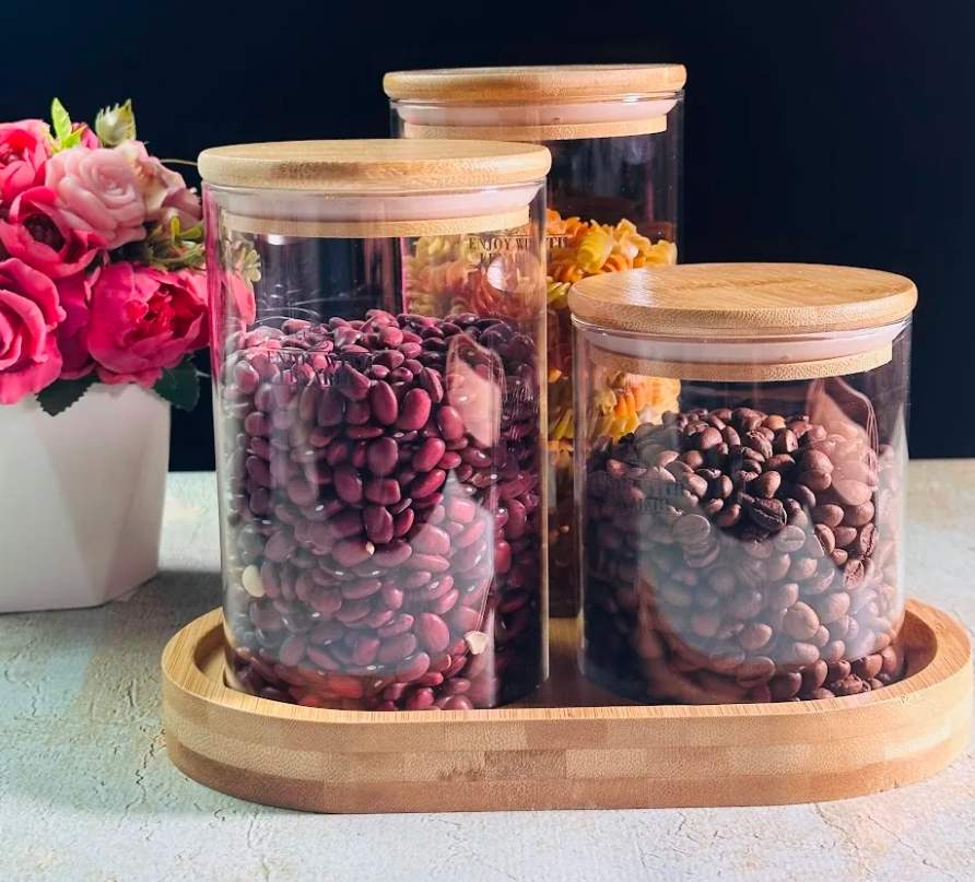 LENARDI Набор банок д/сыпучих 139-063 3шт 700/900/1500мл на подставке стекло/бамбук