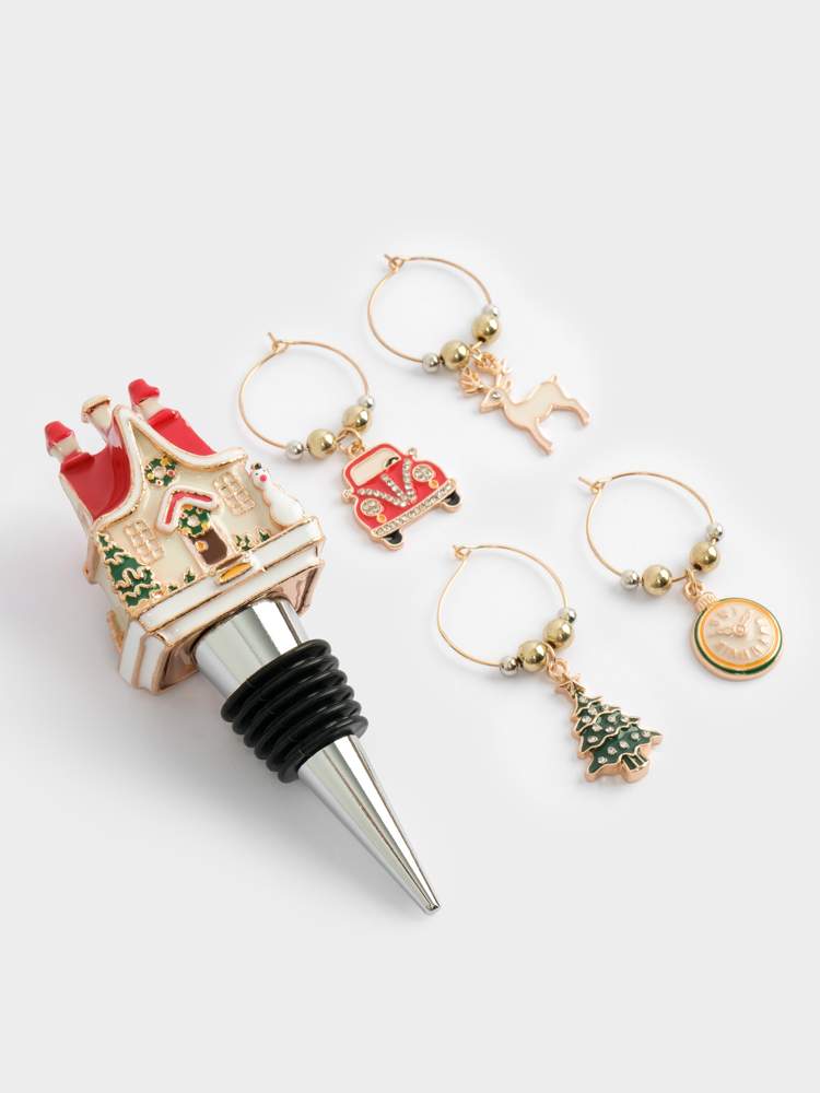 ANNA LAFARG Набор подвесок на бокалы+пробка д/бутылки Домик в снегу 5 пр. металл/стразы ANLAF-QFS-30