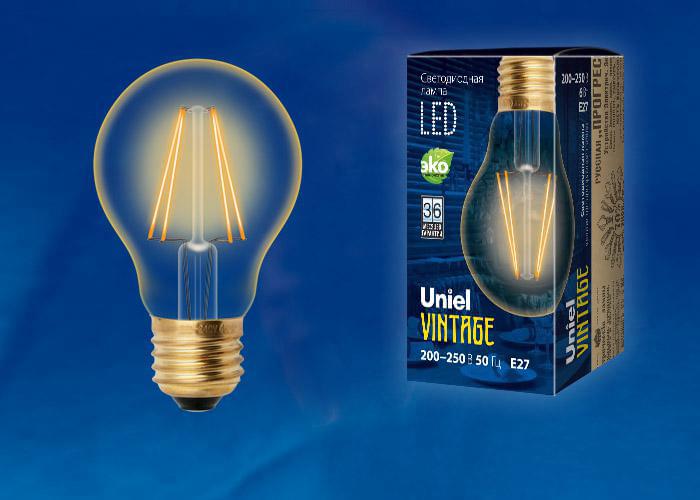 Лампа Uniel LED-A60-6W/Golden/E27 GLV21GO  Vintage  Форма А  UL-00002355