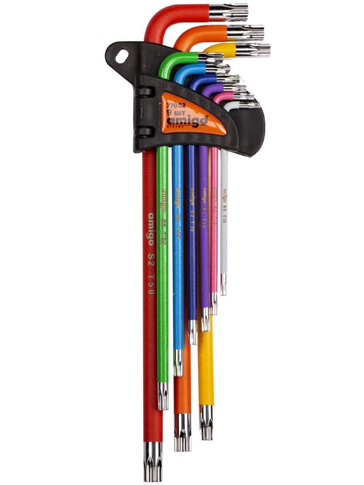 Набор ключей AMIGO TORX  EXTRA LONG  S2, цвет. индикация 9шт 77002
