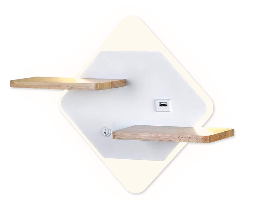 Св-к MAYSUN FW100 WH/WD белое/дерево 12W 340*250*105 настен.с выкл USB и полкой LED 3000K/4200/6400