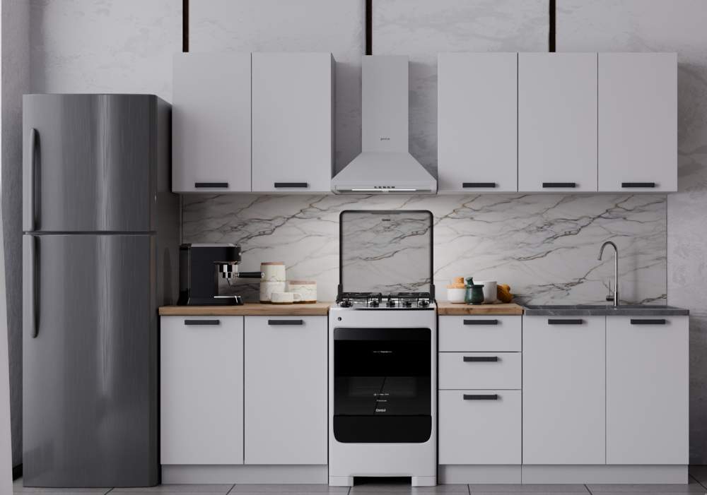 Кухня Фортуна 2.0 Белый+ручка-скоба С 45 черный +стол.26 2000 мрамор.берег