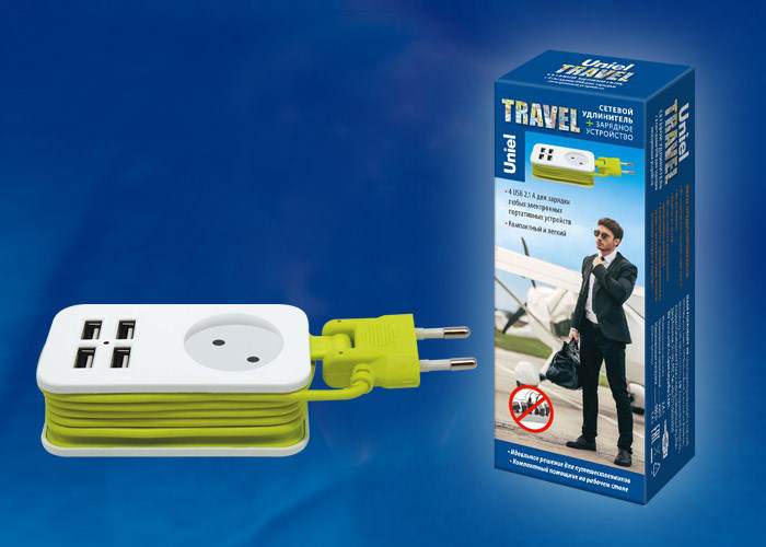 Удл. сер.Travel , шнур 1,5м 1гн , б/з 2USB(2*1A) S-CT-1.5U White/Green UL-00003331
