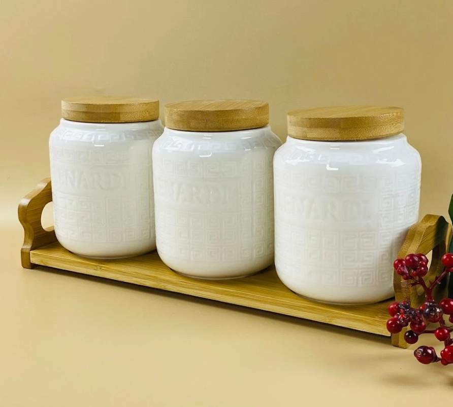 LENARDI Набор банок д/сыпучих 140-131 3штх340мл на подставке фарфор/бамбук