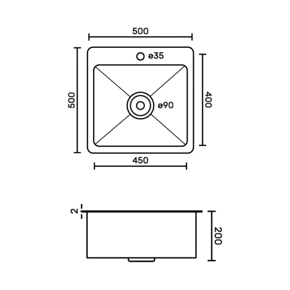 Мойка GFfrank врезная 50х50cм, тол.2,0х0,6мм , гл.200мм+бол.сифон  50502