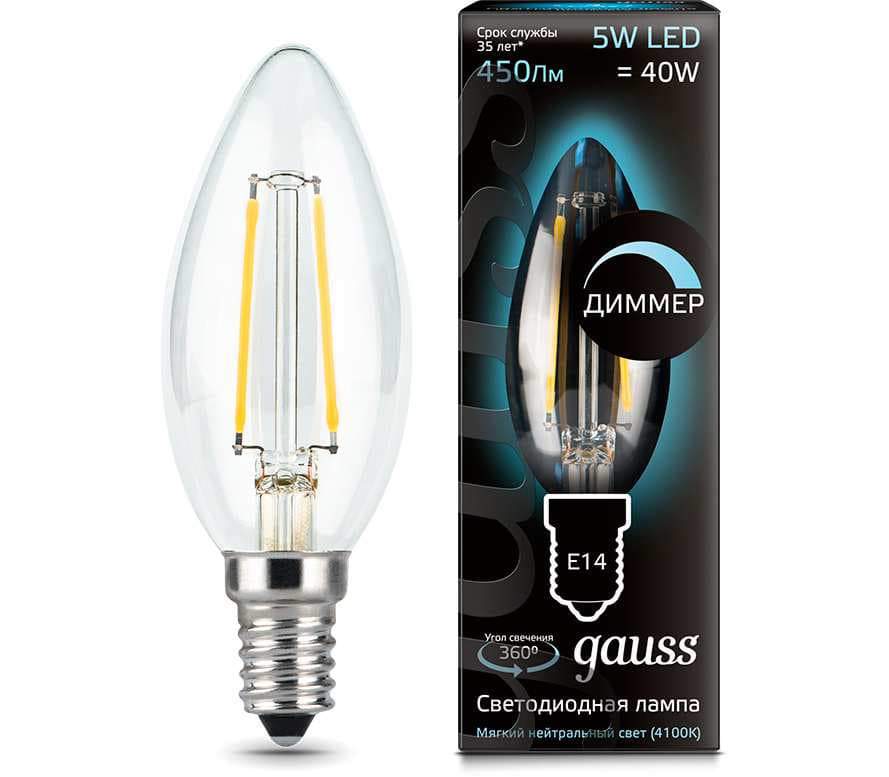 Лампа Gauss LED Filament Candle dimmable 5W E14  4100K  103801205-D