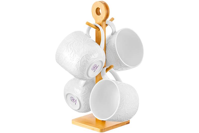 ELAN GALLERY Веточки-цветочки Набор кружек 950292 4шт 480мл на деревянной подставке