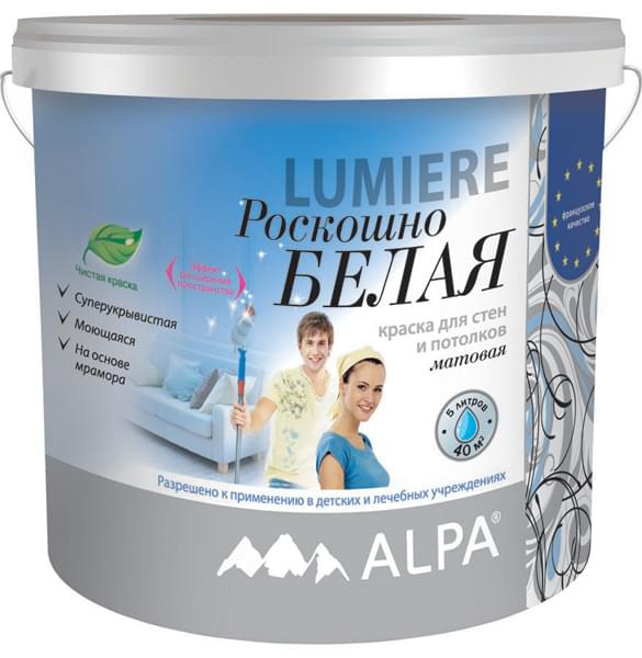 Краска Alpa LUMIERE акрил.д/стен и потолков супербелая 2л