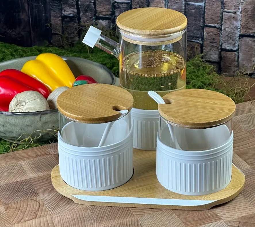 LENARDI Набор банок д/сыпучих+емкость д/масла 160-227 на подставке стекло/бамбук/силикон